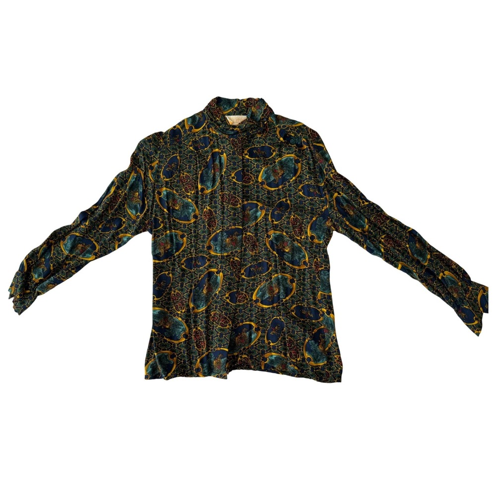 Vintage Pendleton Womens Dress Shirt Blouse 8 Blue Chain Equestrian Maximalist